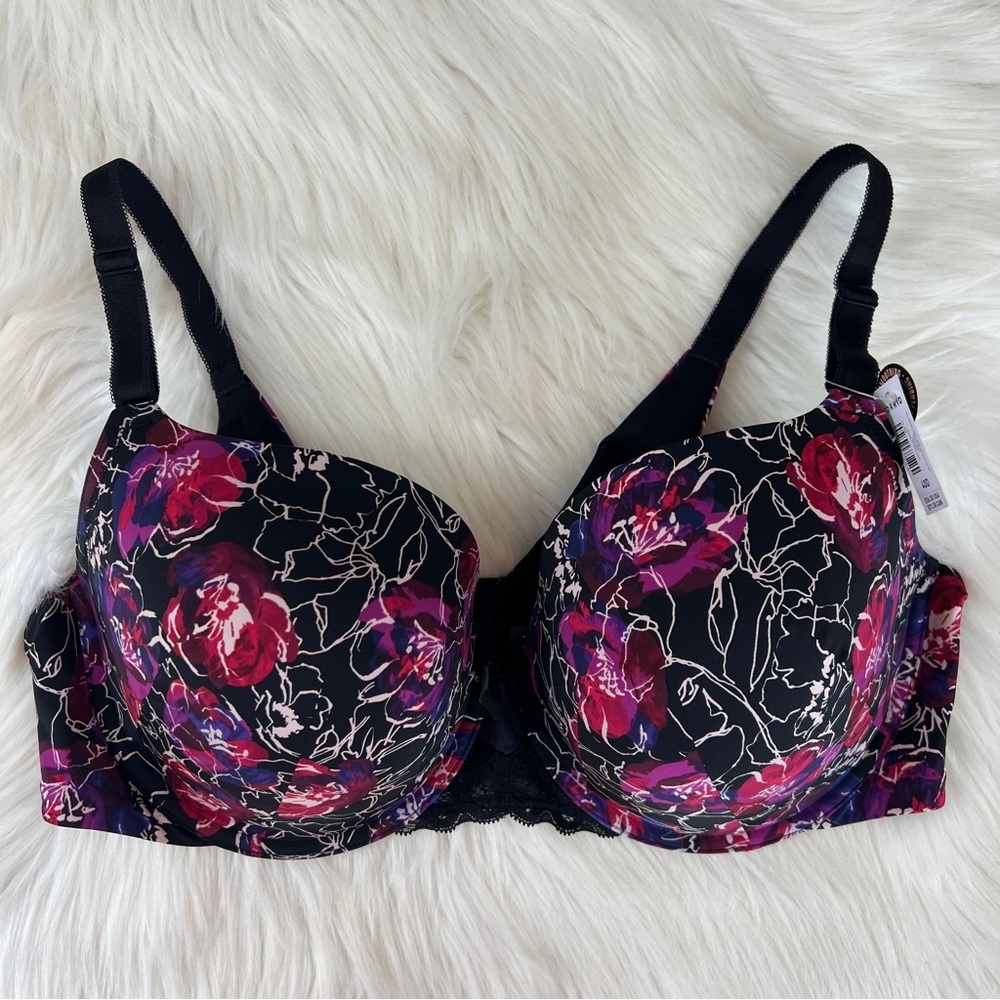 Torrid Dark Floral Print T-Shirt Smoothing Back Bra Pink Black Purple Size 40D